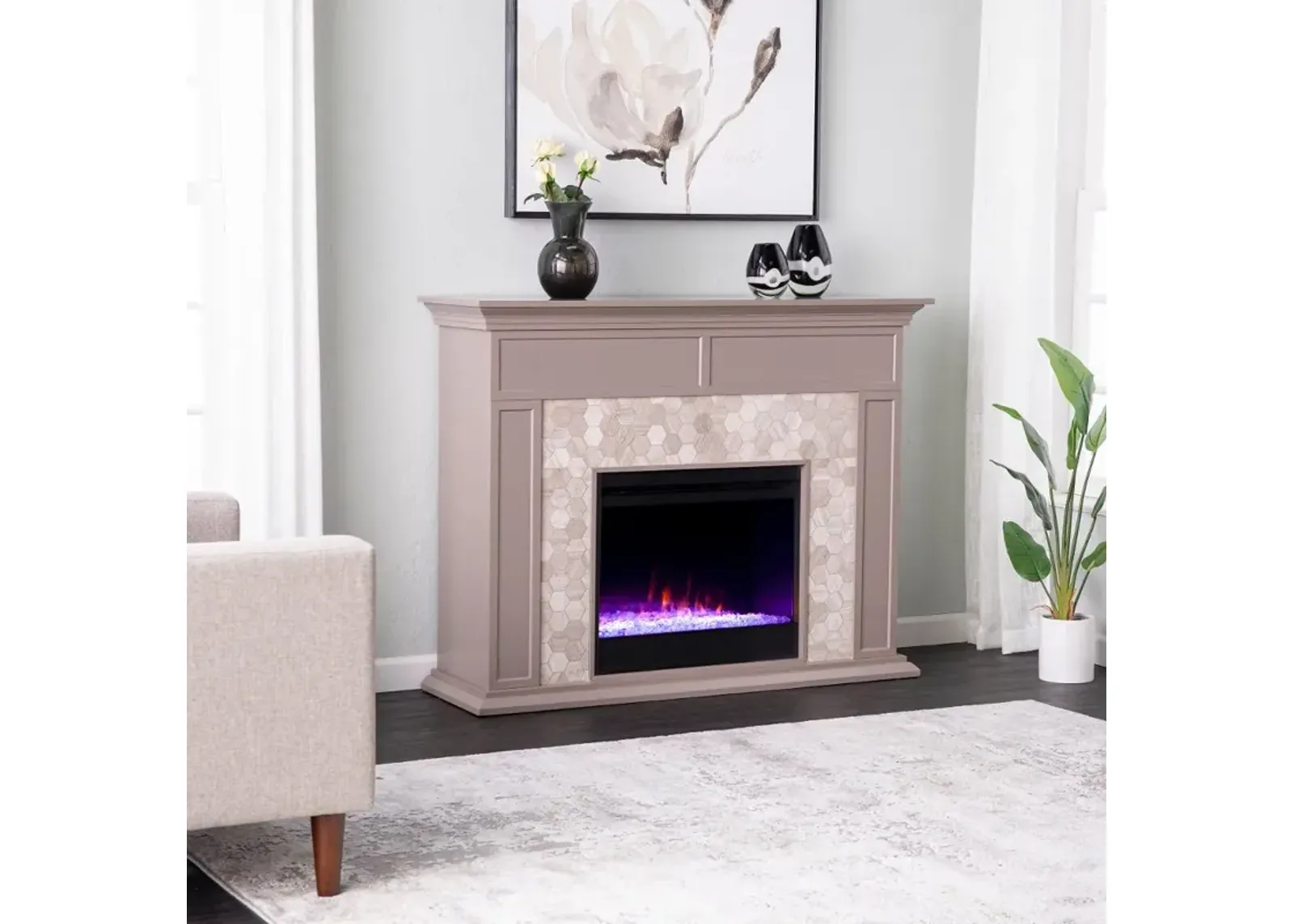 Torlington Gray Marble Tiled Color Changing Fireplace