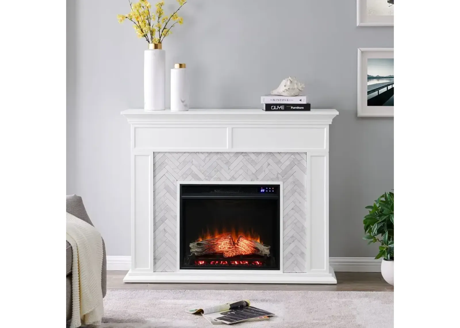 Torlington White Marble Tiled Touch Screen Electric Fireplace