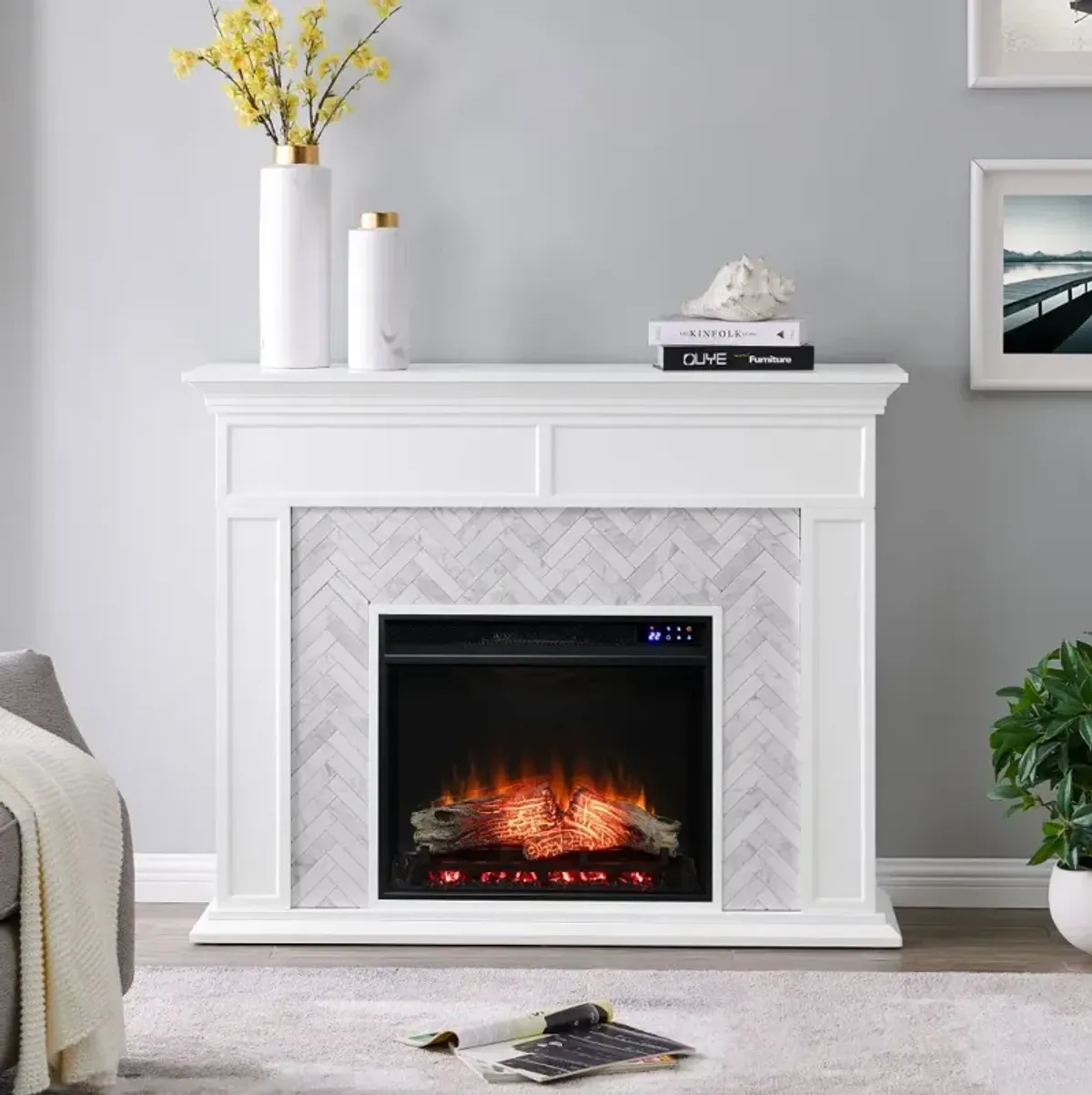 Torlington White Marble Tiled Touch Screen Electric Fireplace