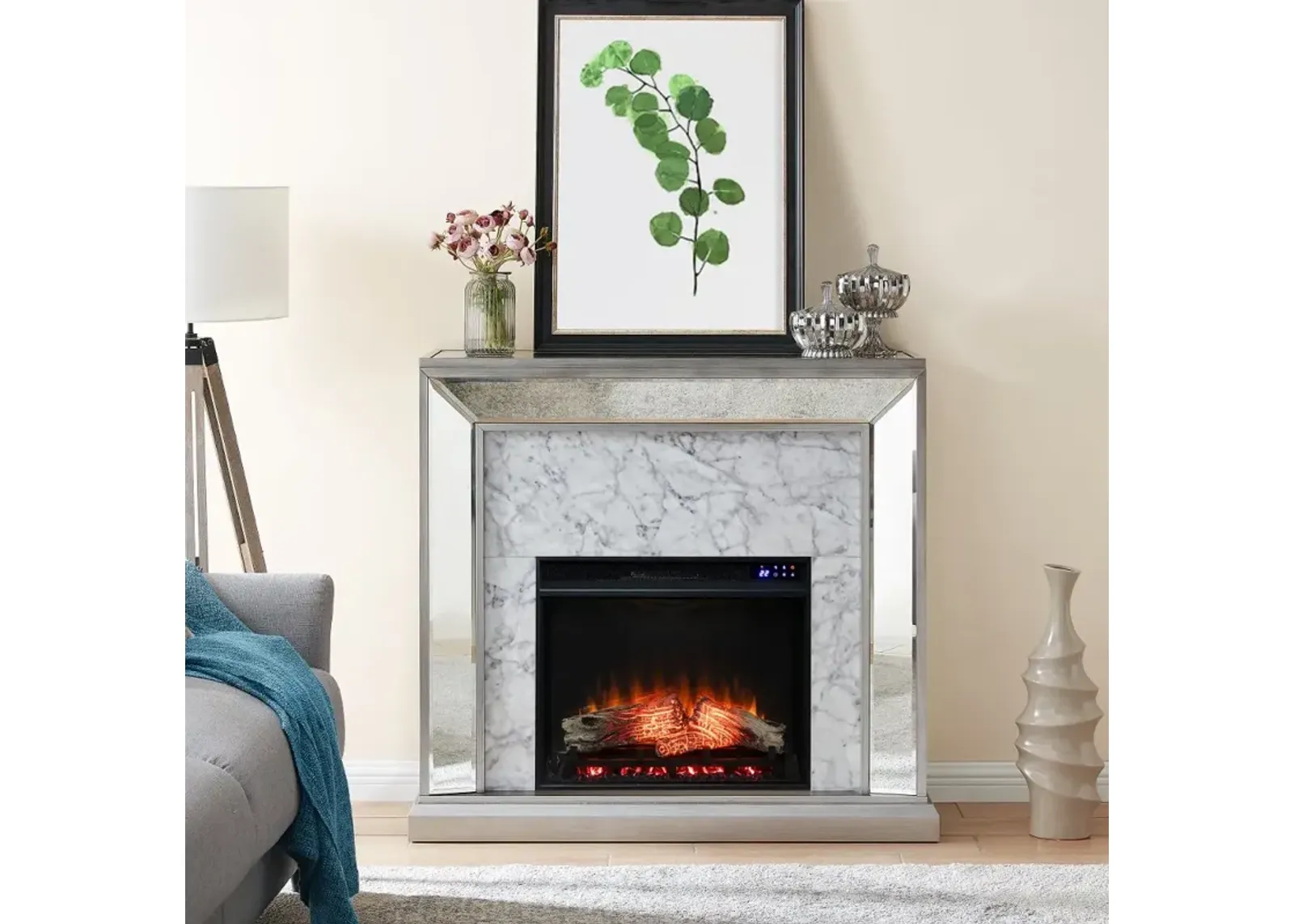 Trandling Silver Mirrored Touch Screen Electric Fireplace