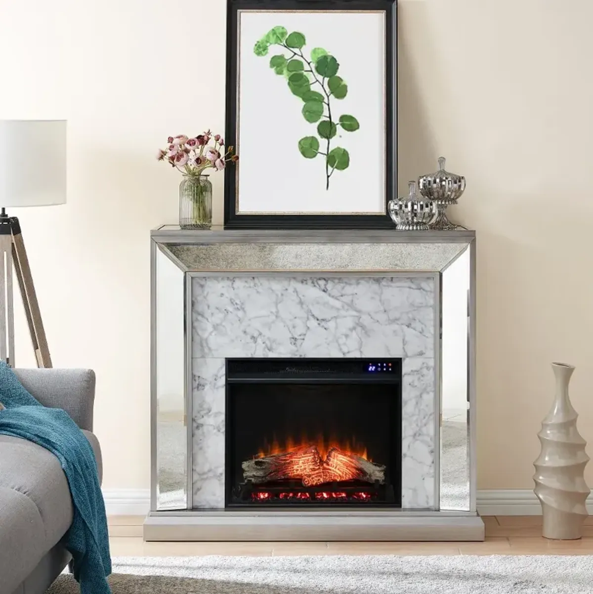 Trandling Silver Mirrored Touch Screen Electric Fireplace