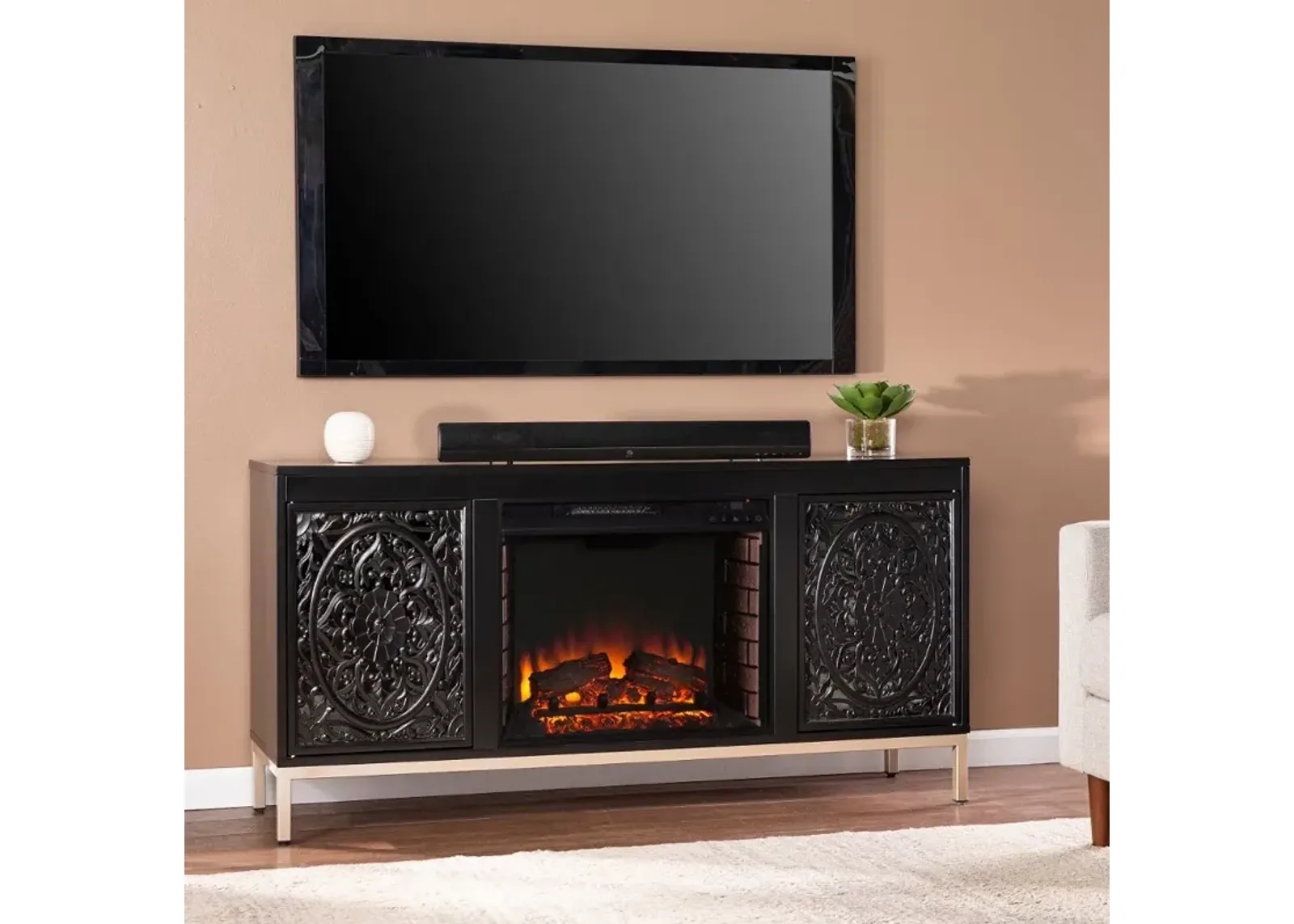 Winsterly Black Electric Fireplace TV Stand with Media Storage