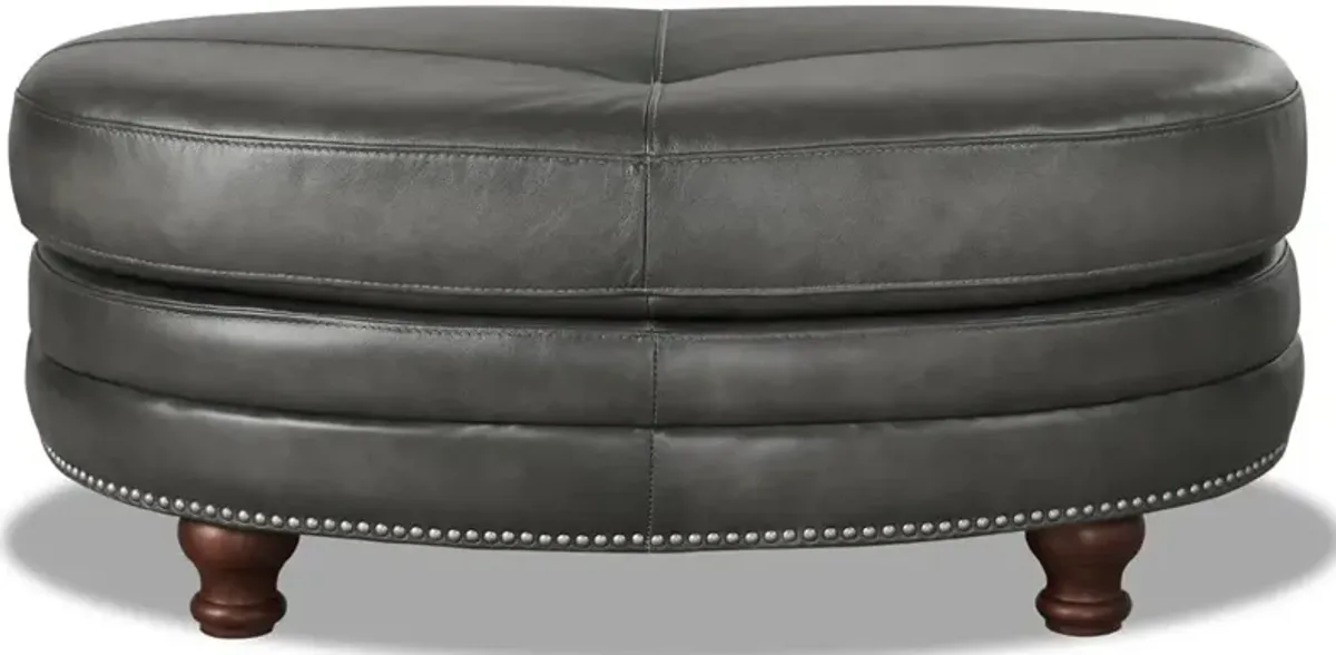 Billingham Ash Gray Leather Oval Ottoman