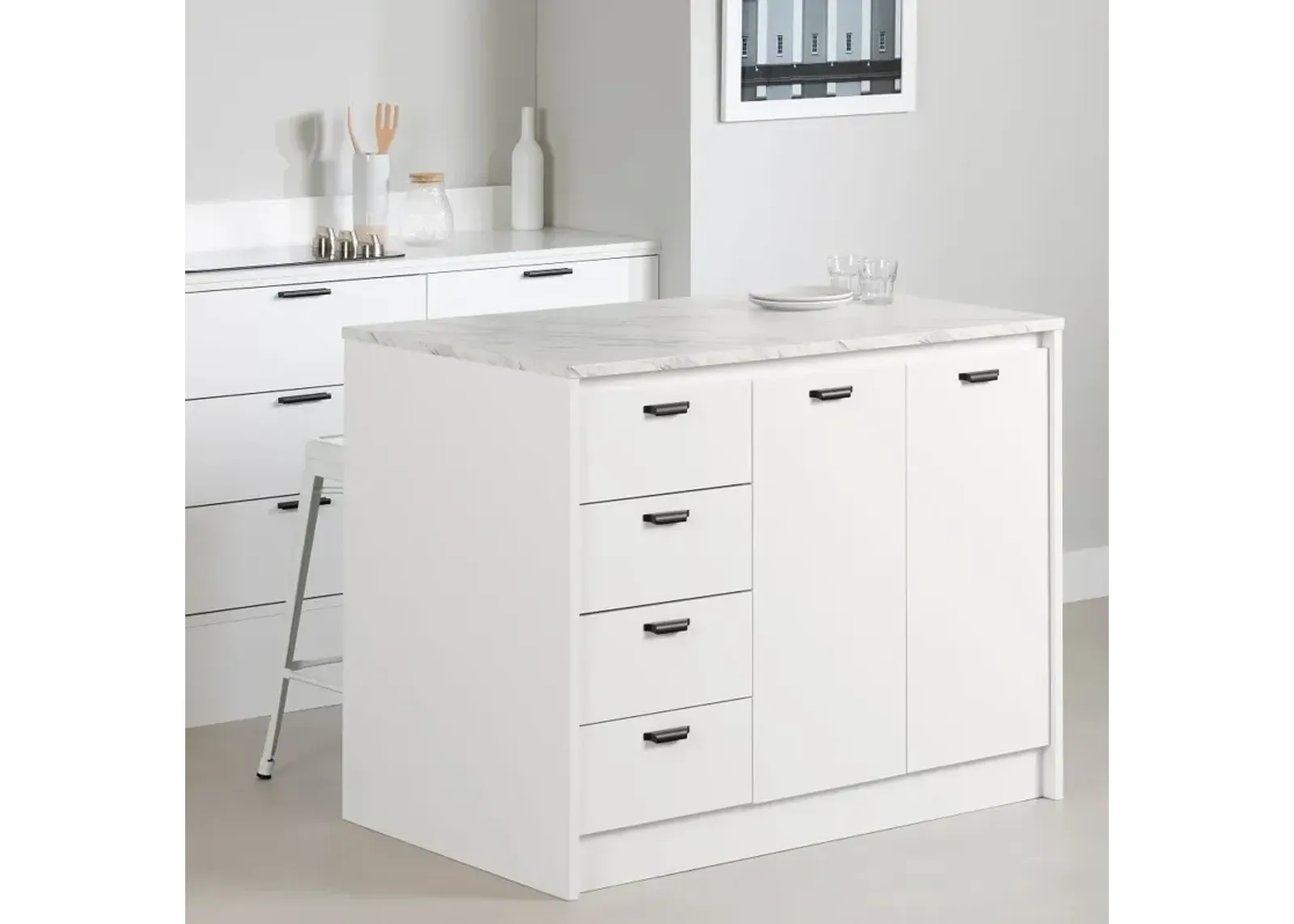 Amaro White and White Marble Kitchen Island - South Shore