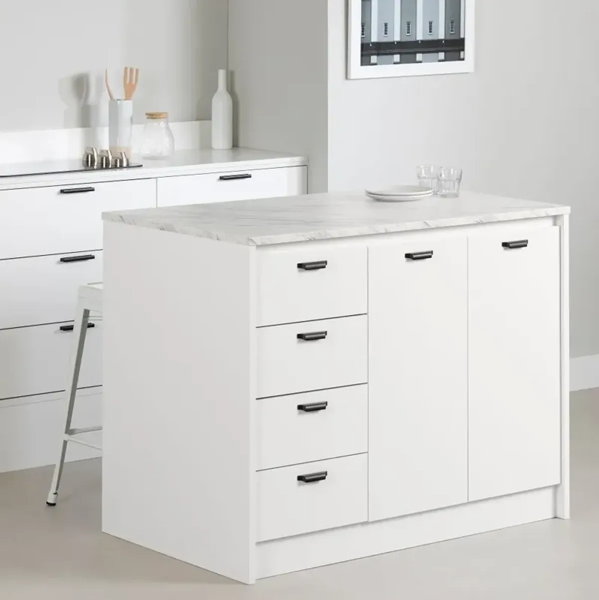 Amaro White and White Marble Kitchen Island - South Shore