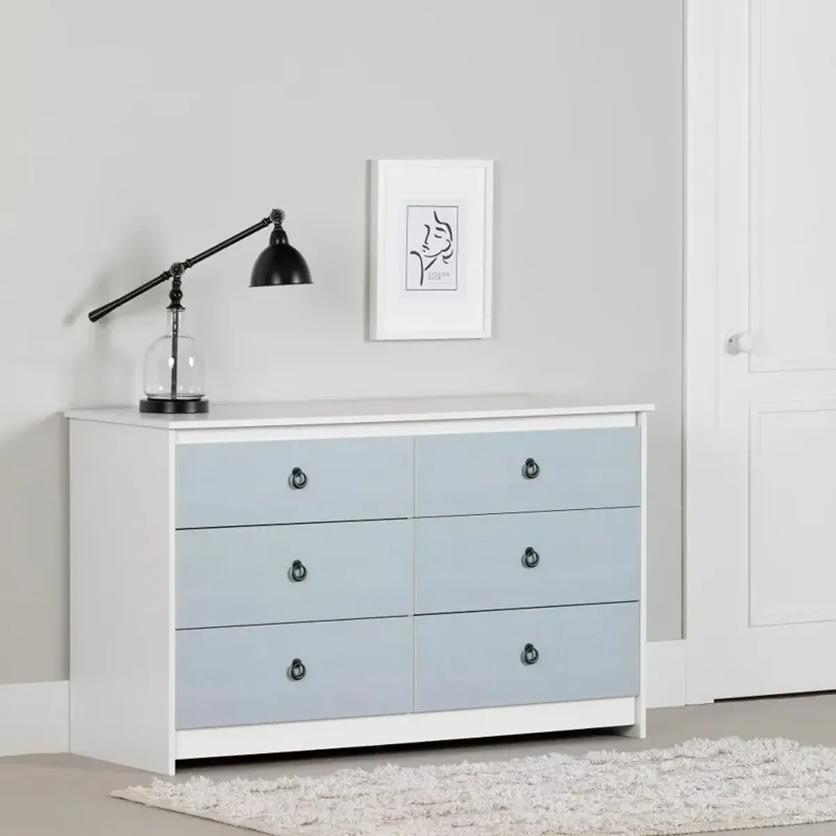 Plenny White & Blue 6-Drawer Double Dresser