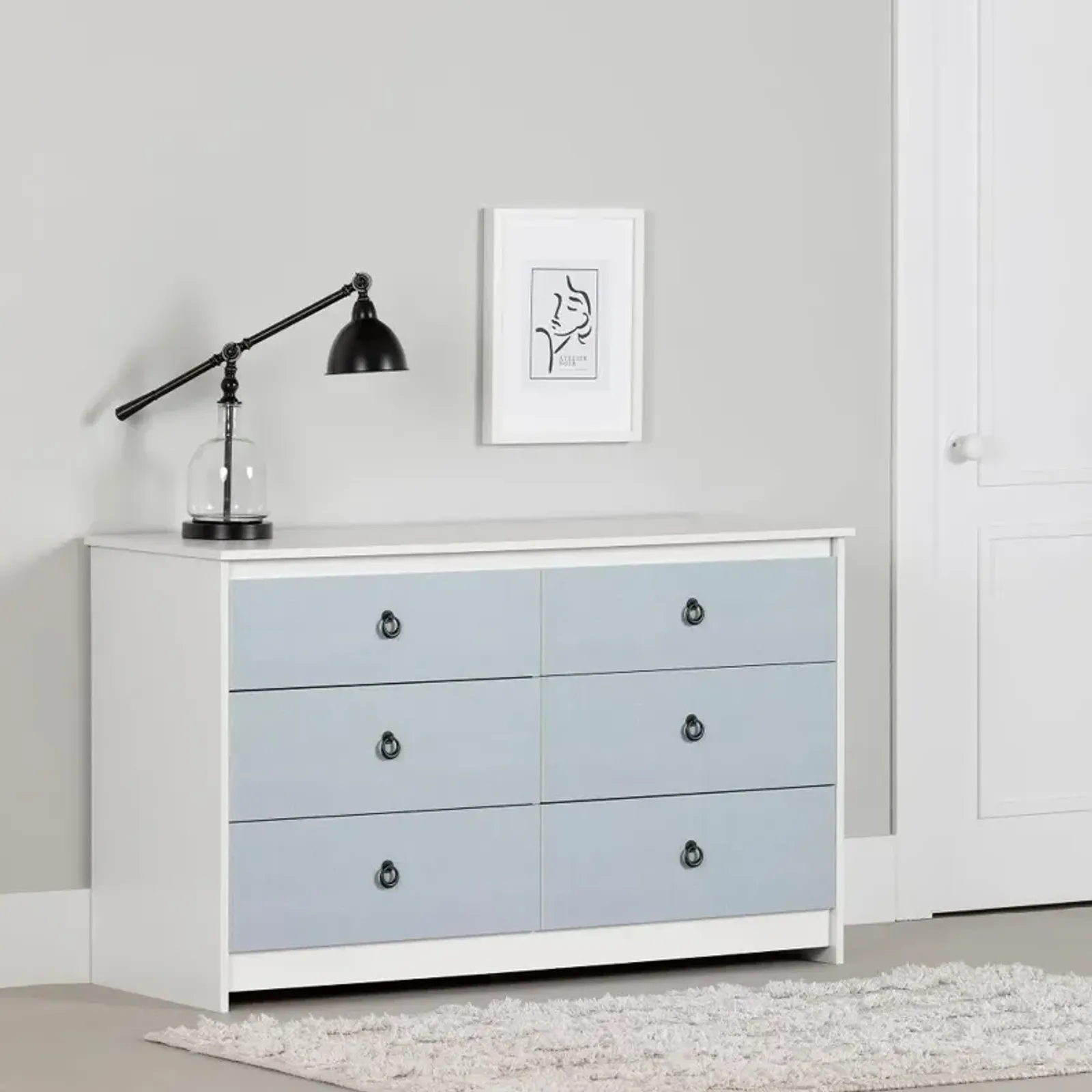 Plenny White & Blue 6-Drawer Double Dresser