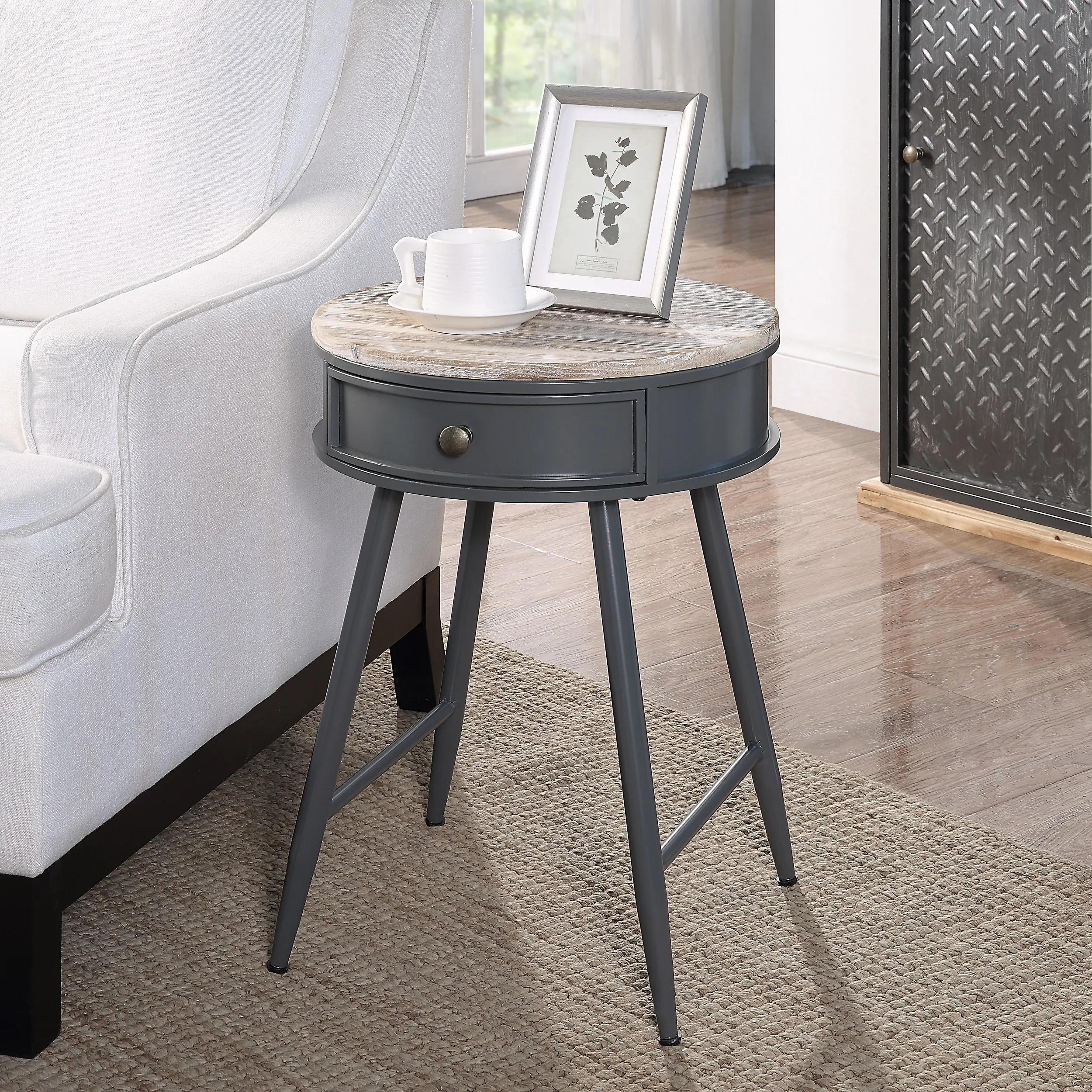 Natural Wood and Gray Metal Accent Table