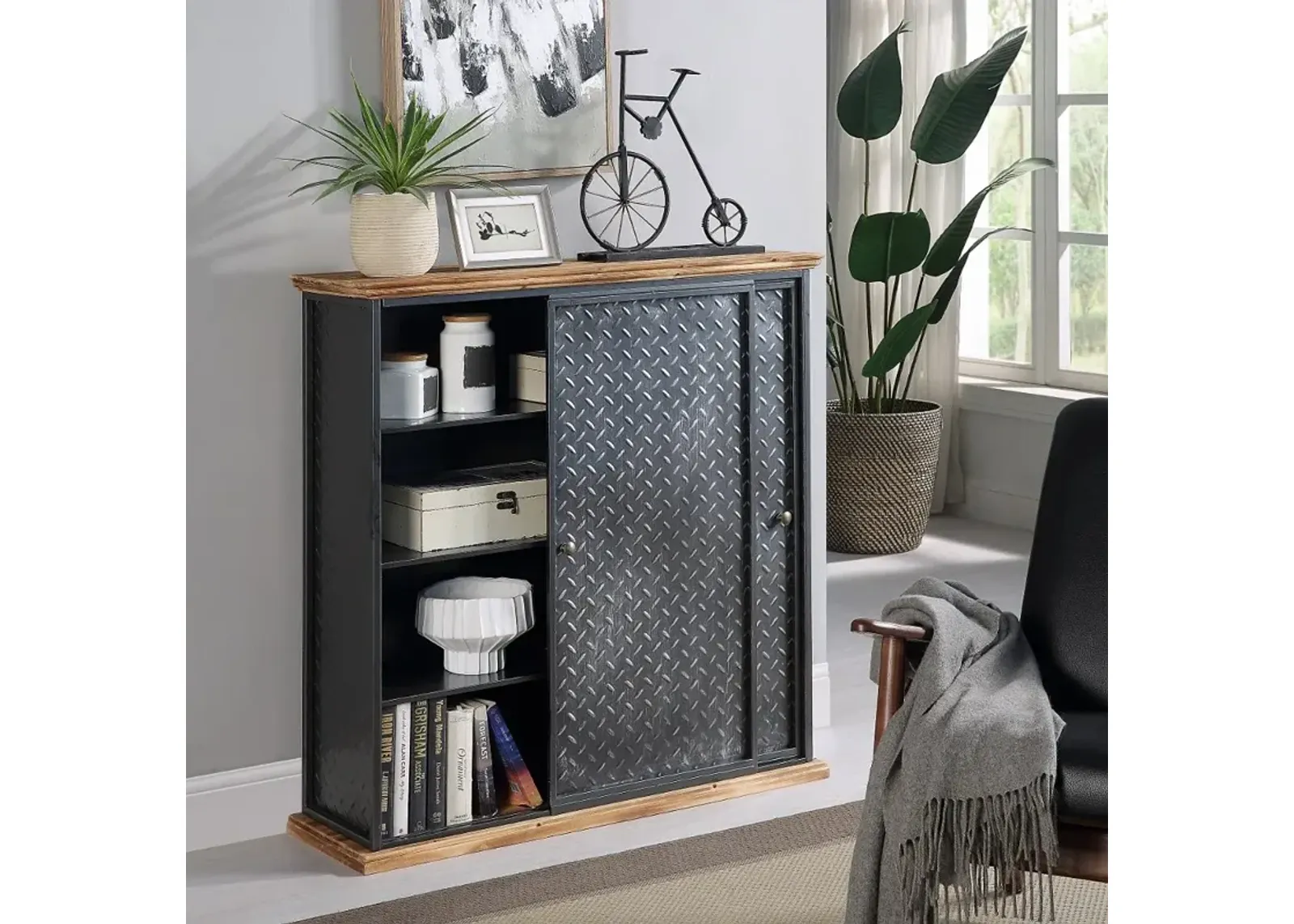 Barton Black Metal and Wood Storage Cabinet