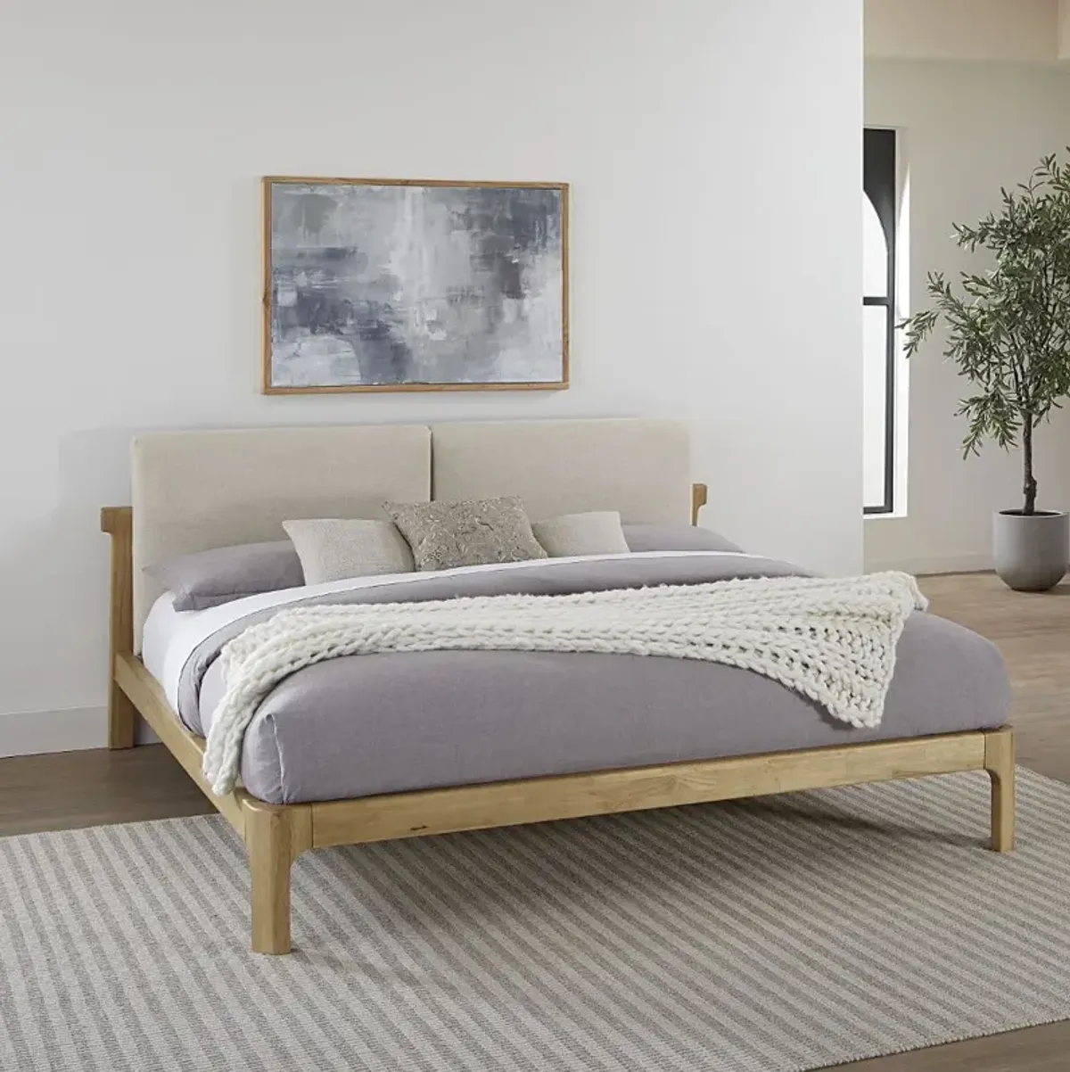 Furano Linen White and Natural Queen Platform Bed