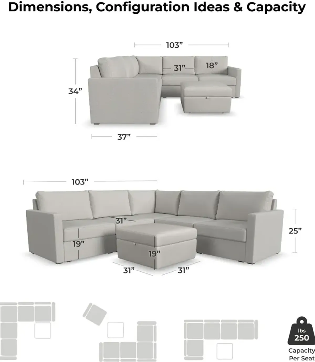 Flex Taupe 5-Seat Modular Sectional with Storage Ottoman