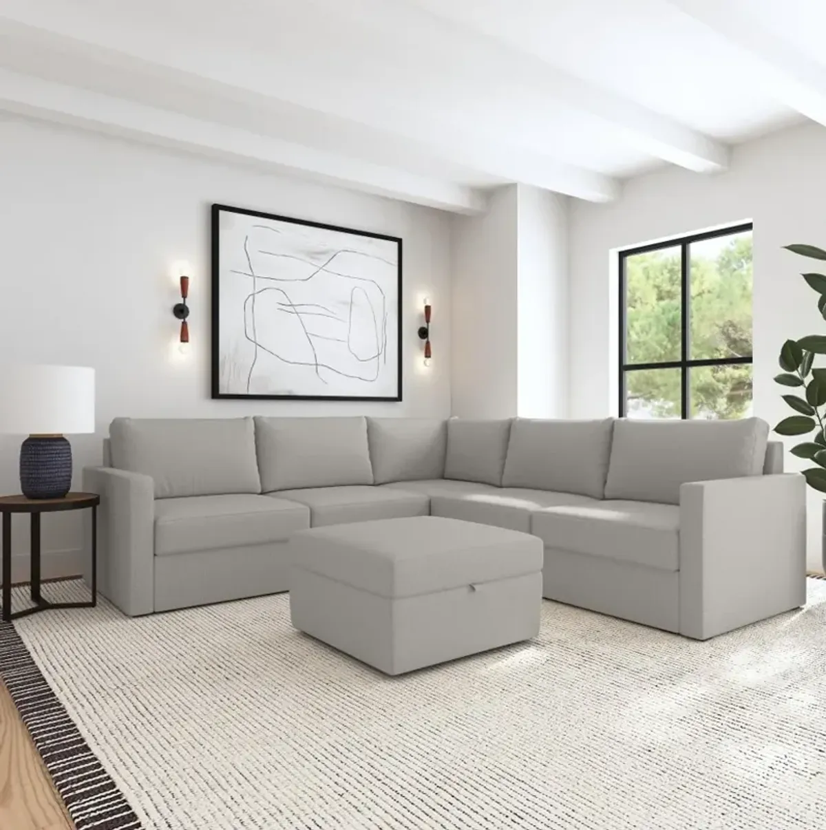 Flex Taupe 5-Seat Modular Sectional with Storage Ottoman