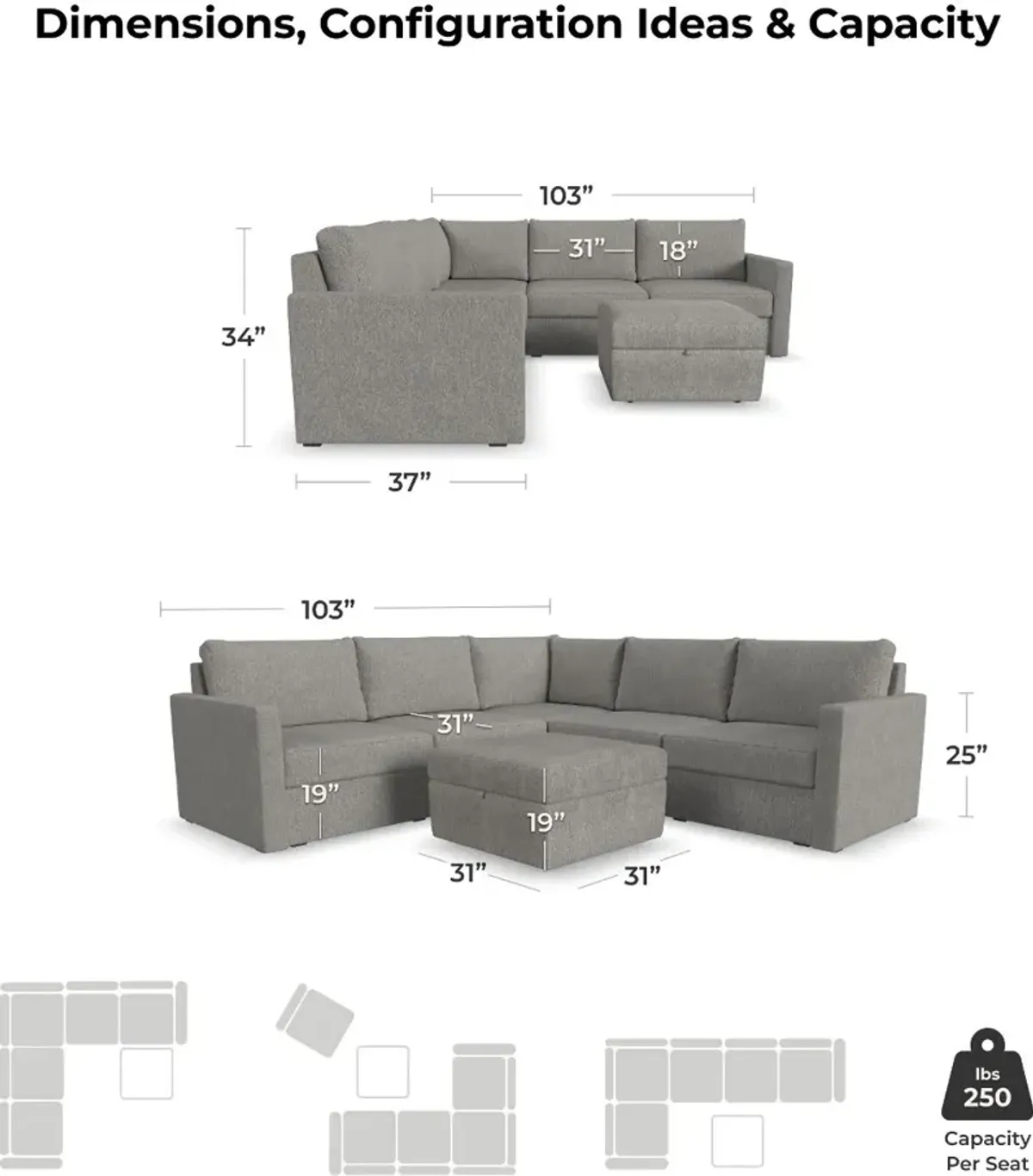 Flex Gray 5-Seat Modular Sectional with Storage Ottoman