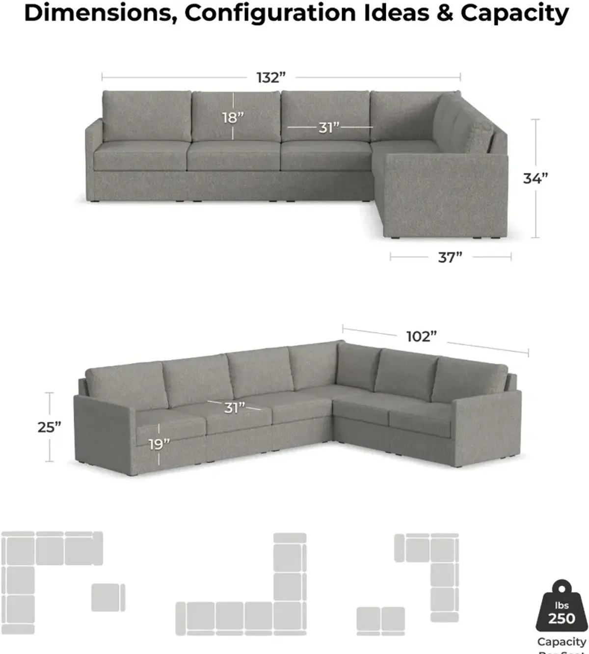 Flex Gray 6-Seat Modular Sectional with Narrow Arm