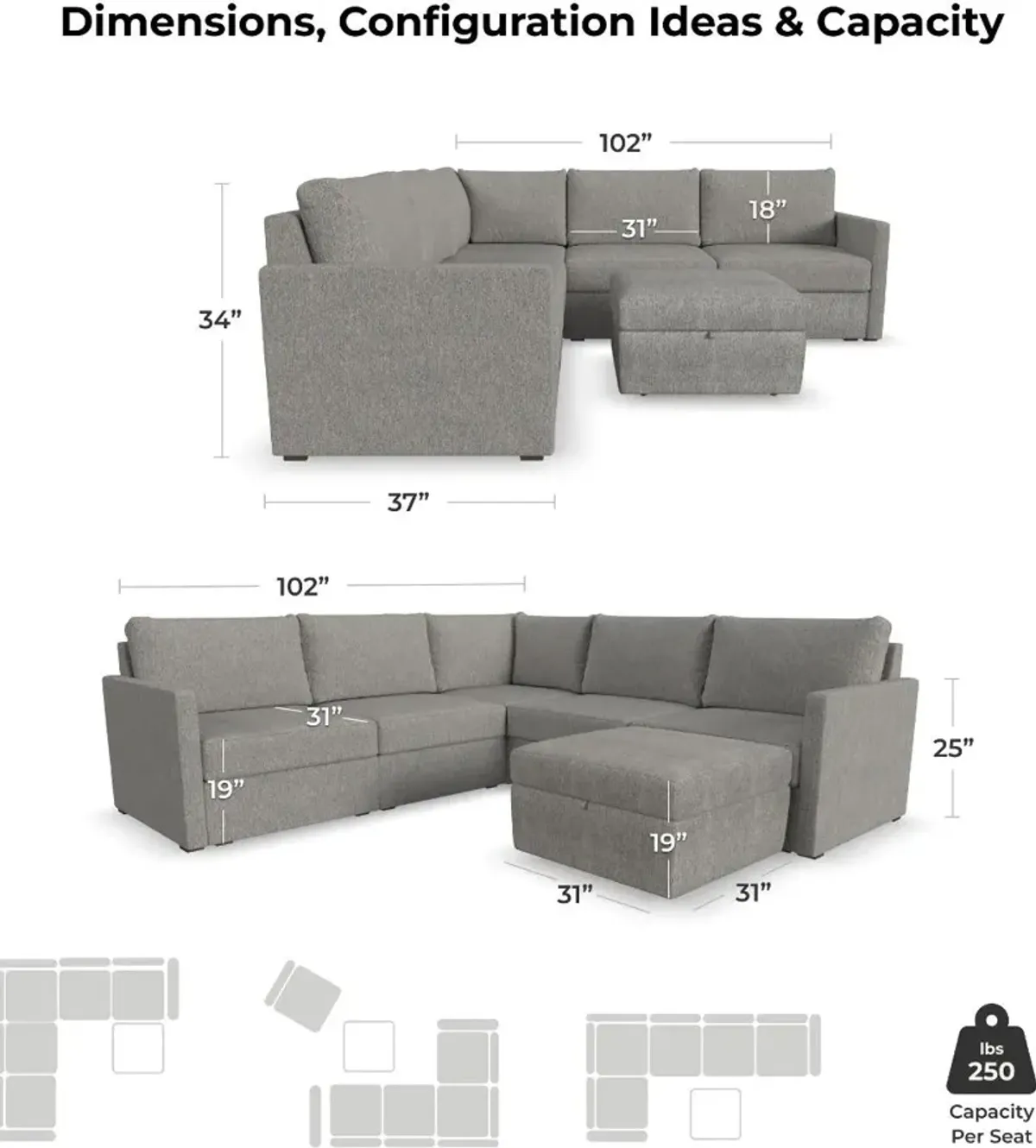 Flex Gray 5-Seat Modular Sectional with Narrow Arm and Storage Ottoman