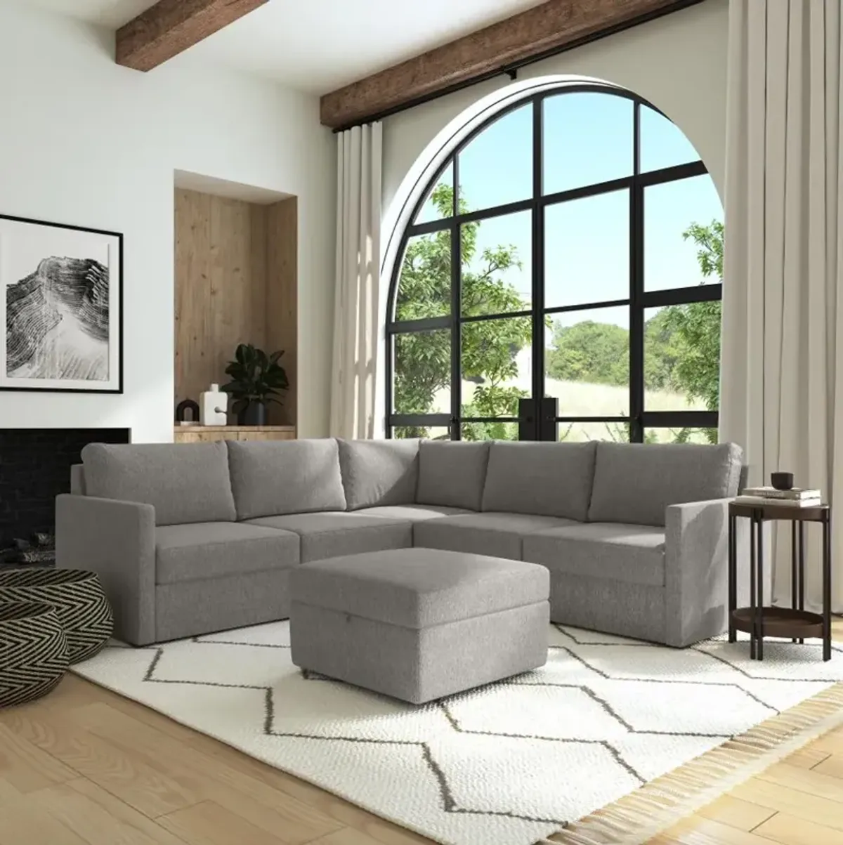 Flex Gray 5-Seat Modular Sectional with Narrow Arm and Storage Ottoman