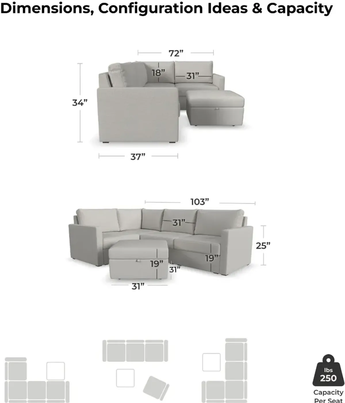 Flex Taupe 4-Seat Modular Sectional with Storage Ottoman