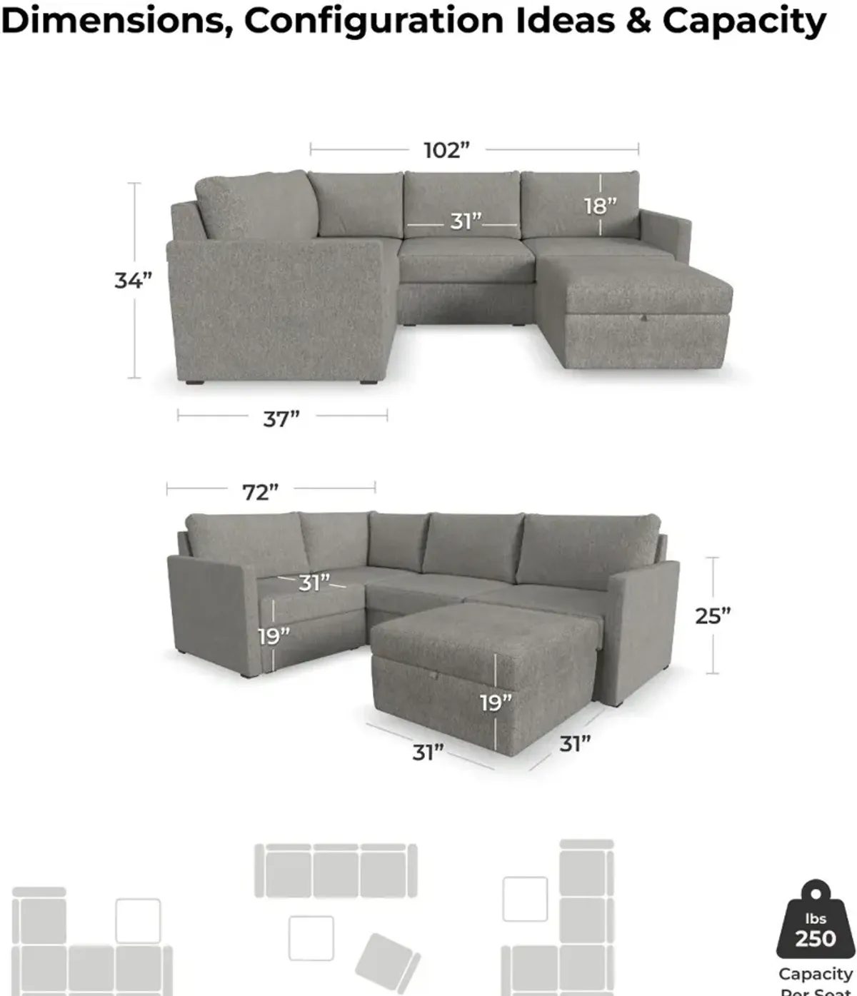 Flex Gray 4-Seat Modular Sectional and Storage Ottoman