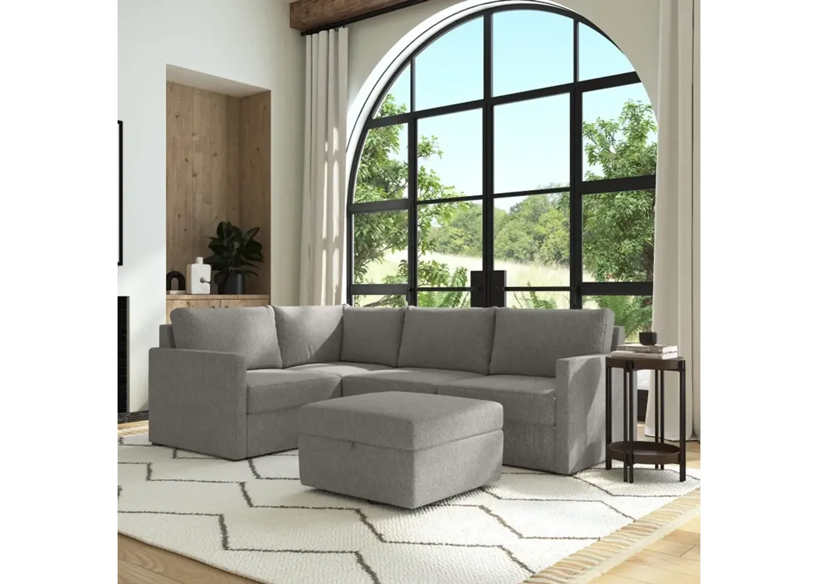 Flex Gray 4-Seat Modular Sectional with Narrow Arm and Storage Ottoman