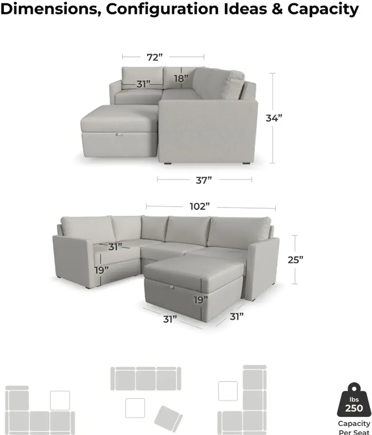 Flex Taupe 4-Seat Modular Sectional and Storage Ottoman