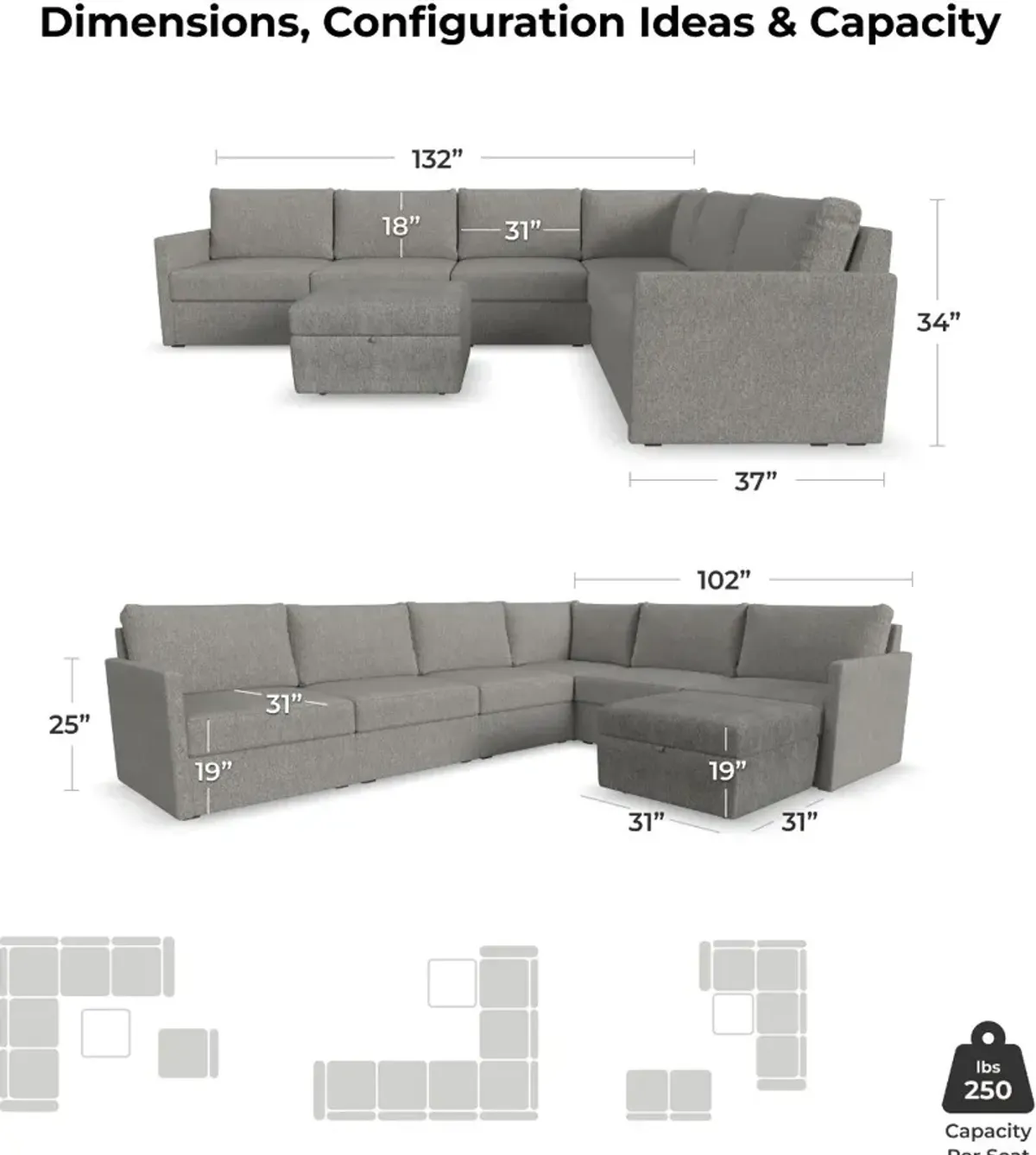 Flex Gray 6-Seat Modular Sectional with Narrow Arm and Storage Ottoman