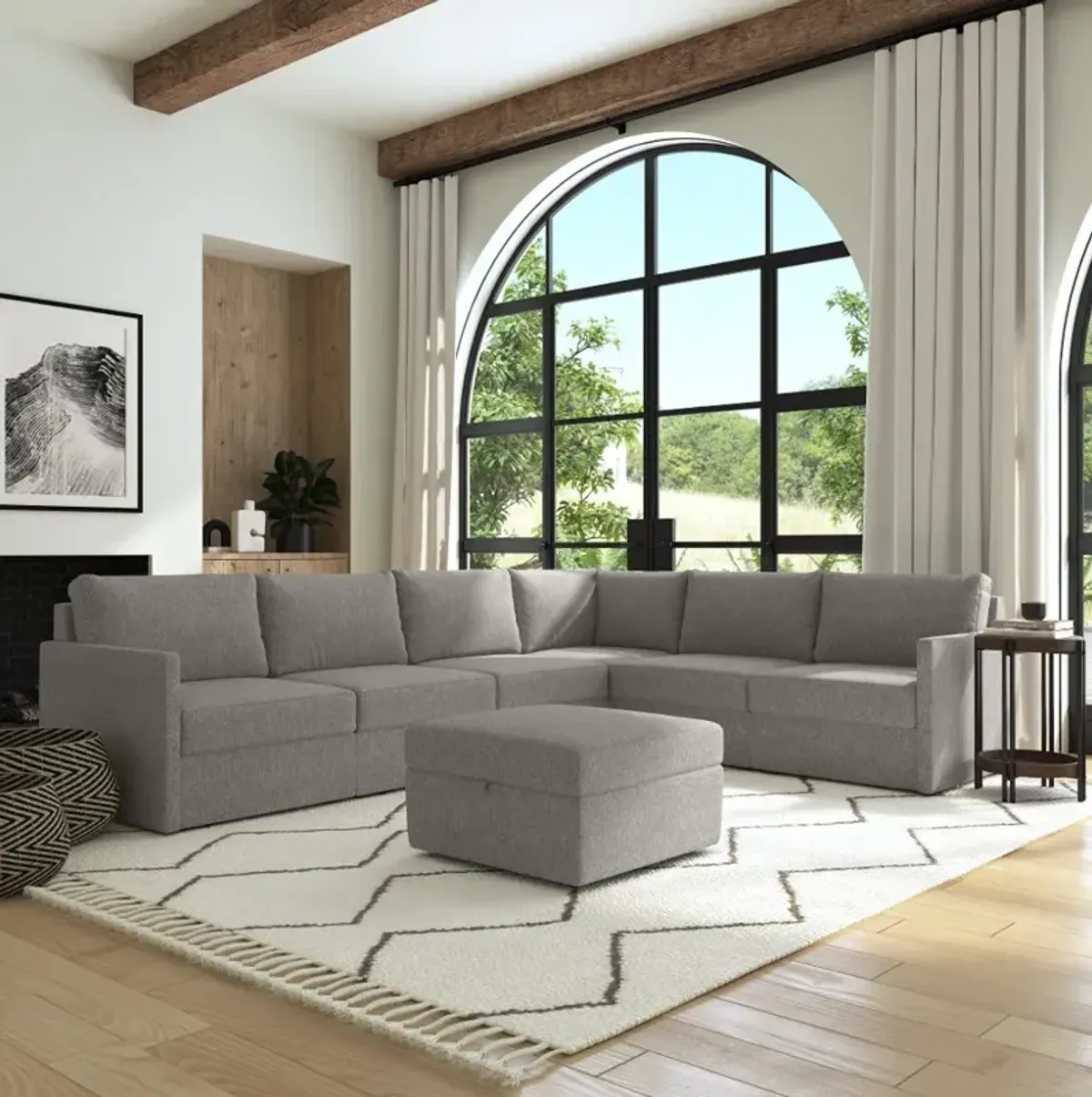 Flex Gray 6-Seat Modular Sectional with Narrow Arm and Storage Ottoman