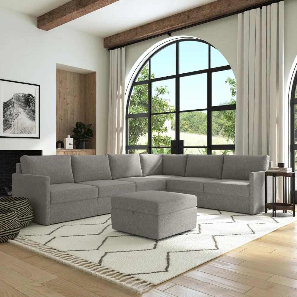 Flex Gray 6-Seat Modular Sectional with Narrow Arm and Storage Ottoman