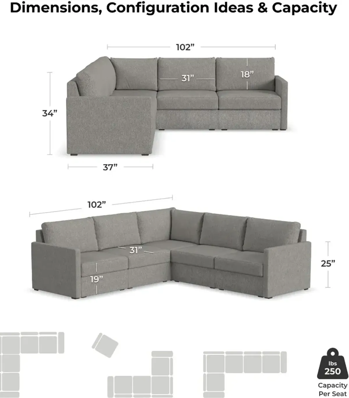 Flex Gray 5-Seat Modular Sectional with Narrow Arm