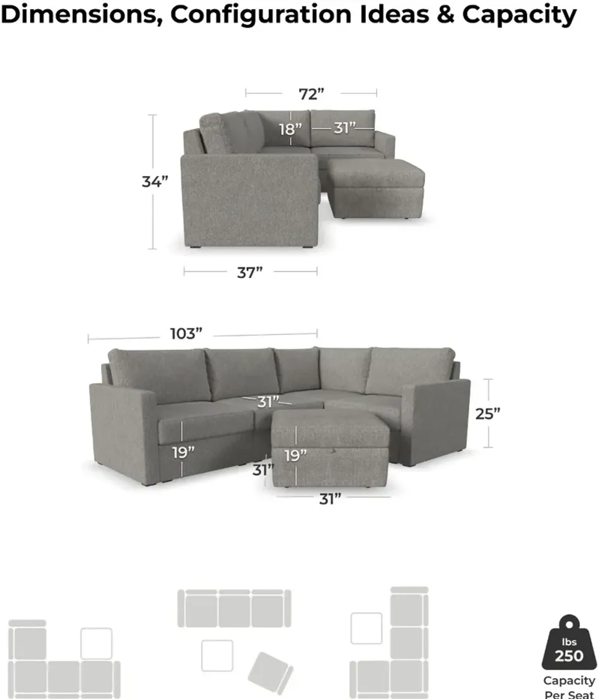 Flex Gray 4-Seat Modular Sectional with Storage Ottoman