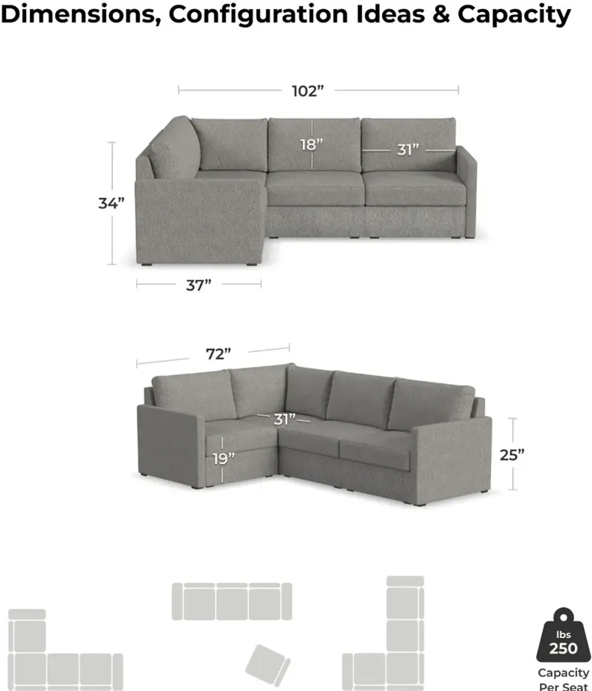 Flex Gray 4-Seat Modular Sectional with Narrow Arm