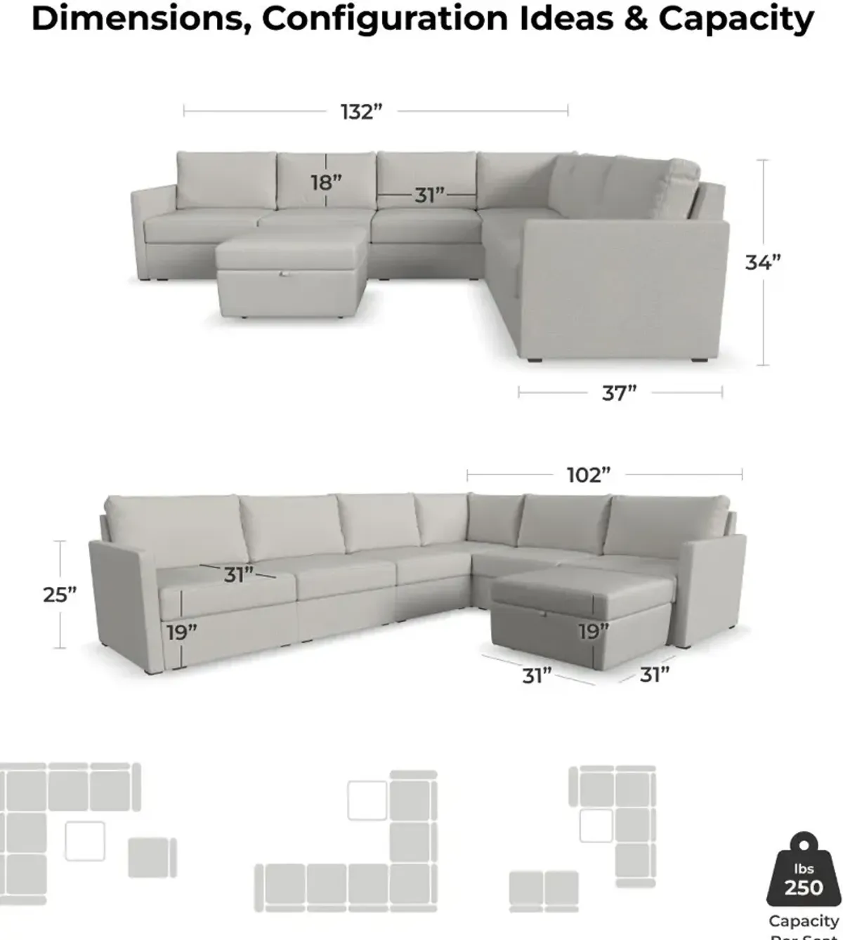 Flex Taupe 6-Seat Modular Sectional and Storage Ottoman