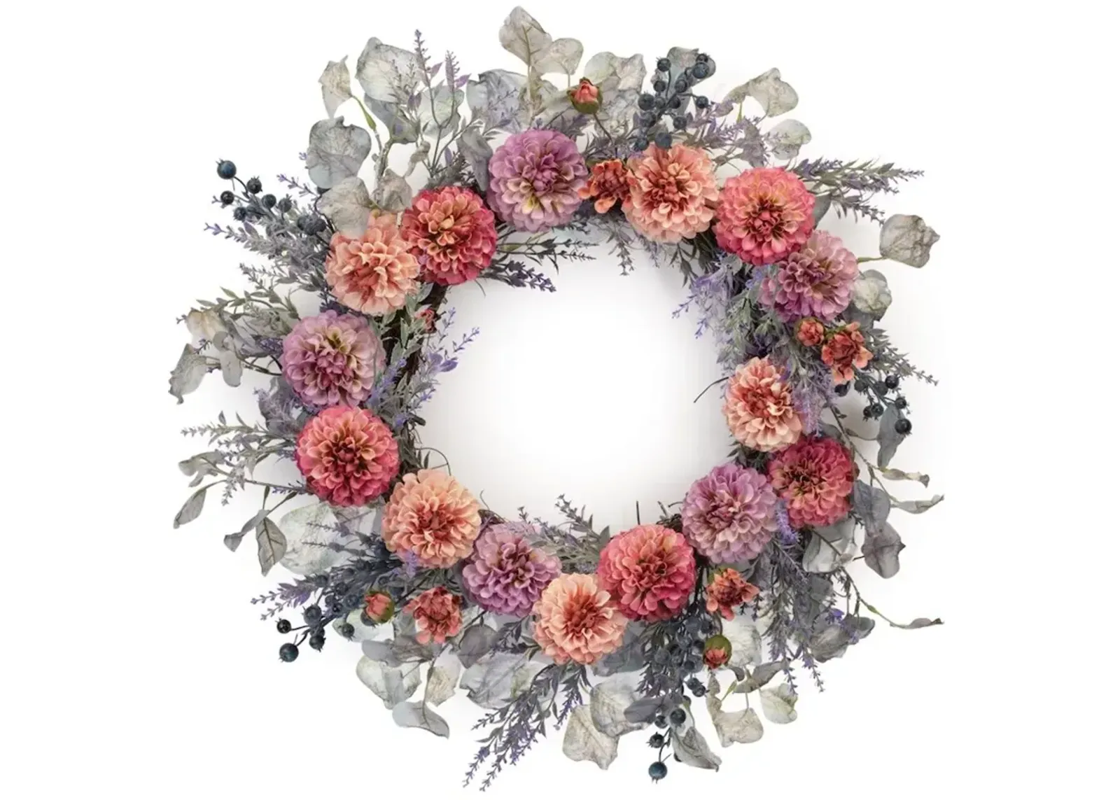 24 Inch Round Pink and Purple Zinnia Twig Wreath