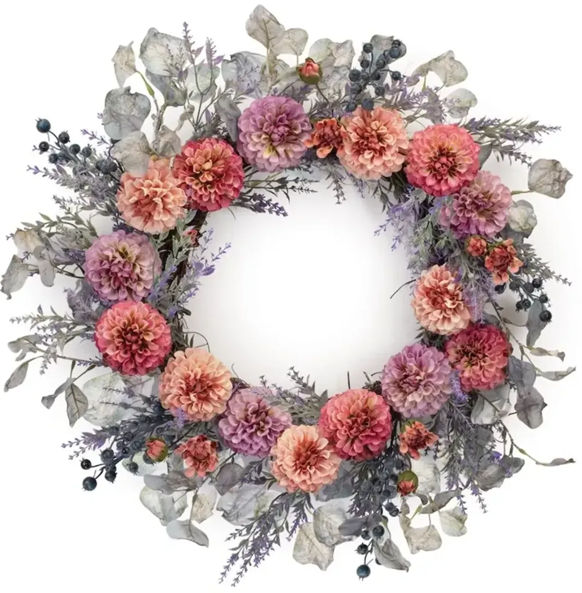 24 Inch Round Pink and Purple Zinnia Twig Wreath