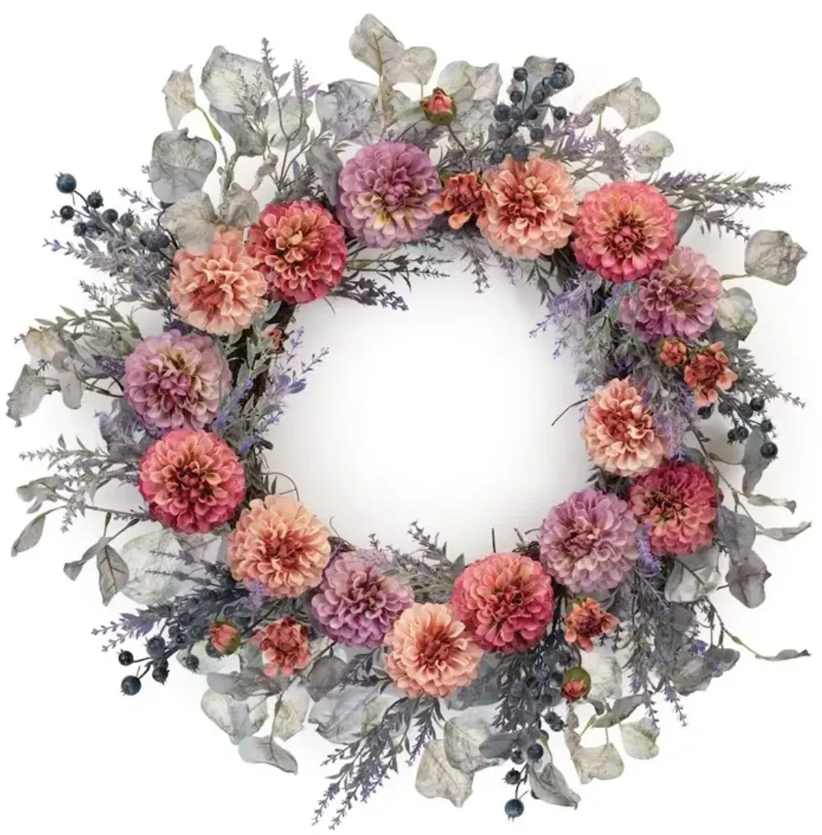 24 Inch Round Pink and Purple Zinnia Twig Wreath