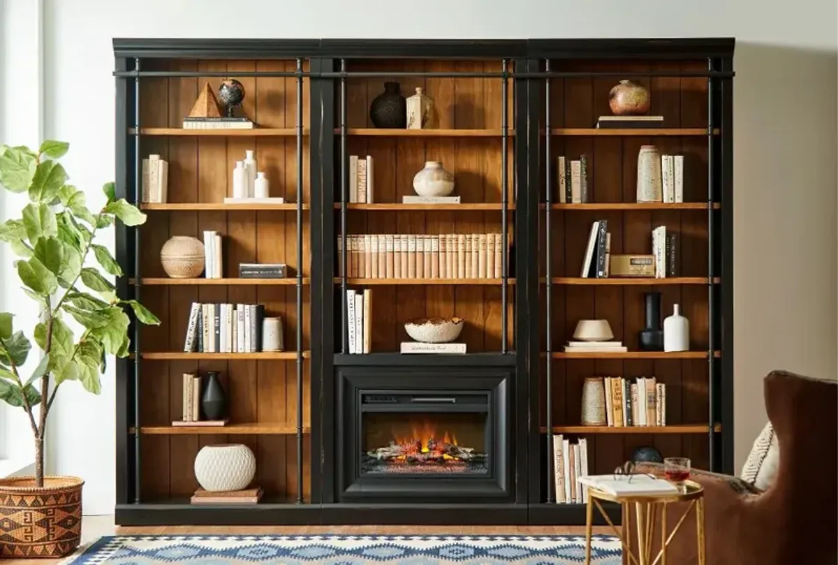 Toulouse Two-Tone Black and Honey Bookcase with Fireplace