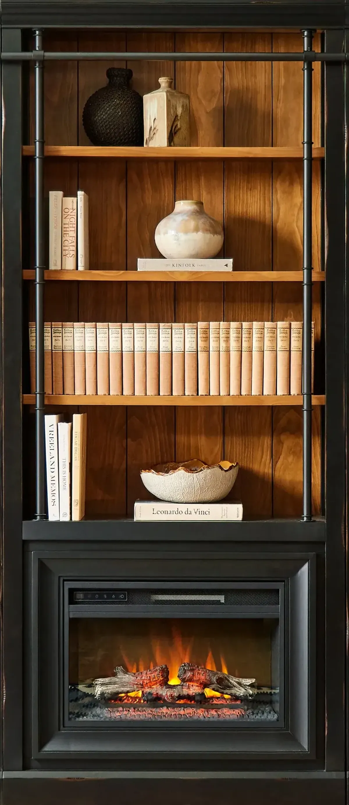 Toulouse Two-Tone Black and Honey Bookcase with Fireplace