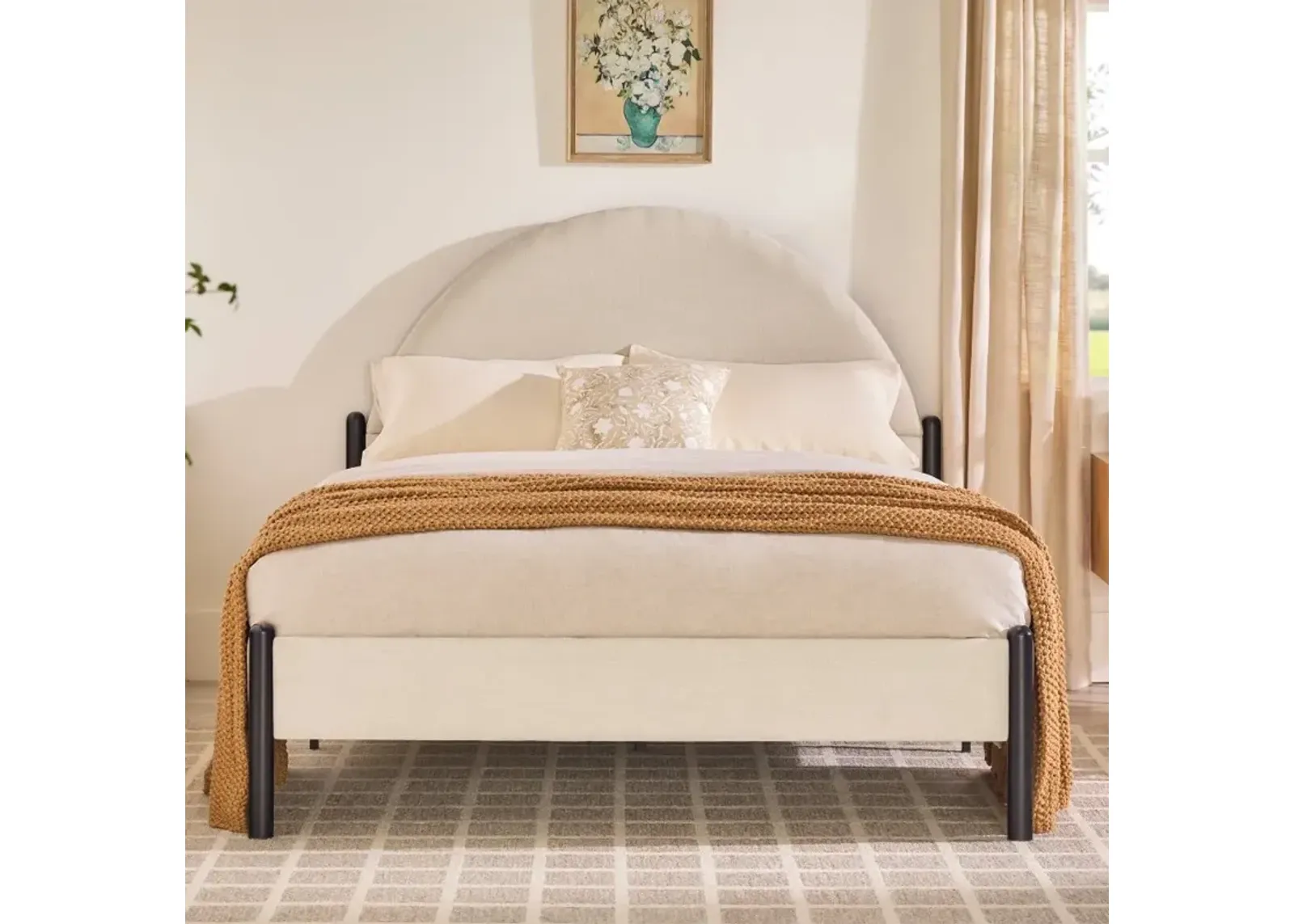 Gastonia Queen Beige Upholstered Bed with Arched Headboard