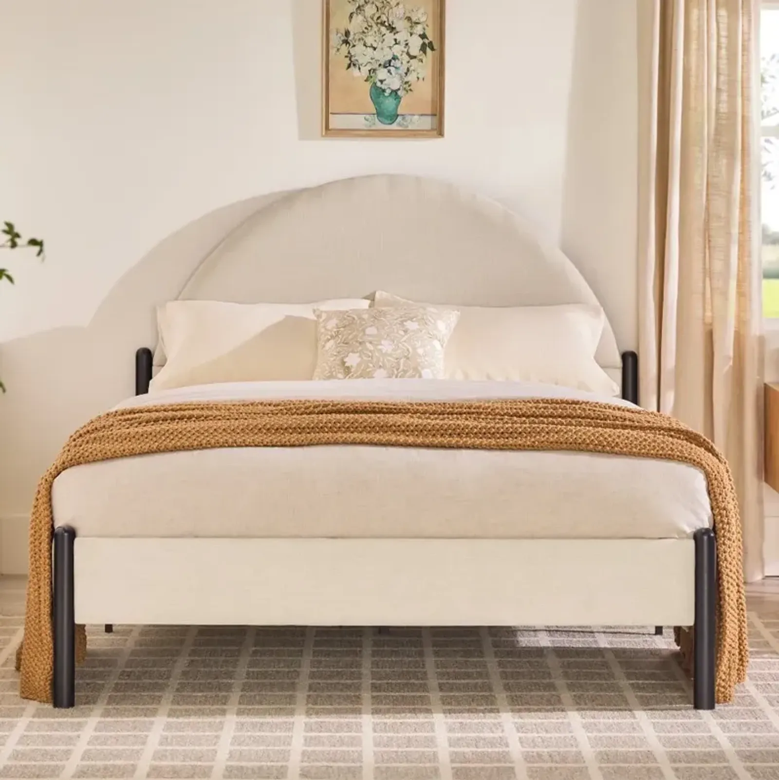 Gastonia Queen Beige Upholstered Bed with Arched Headboard