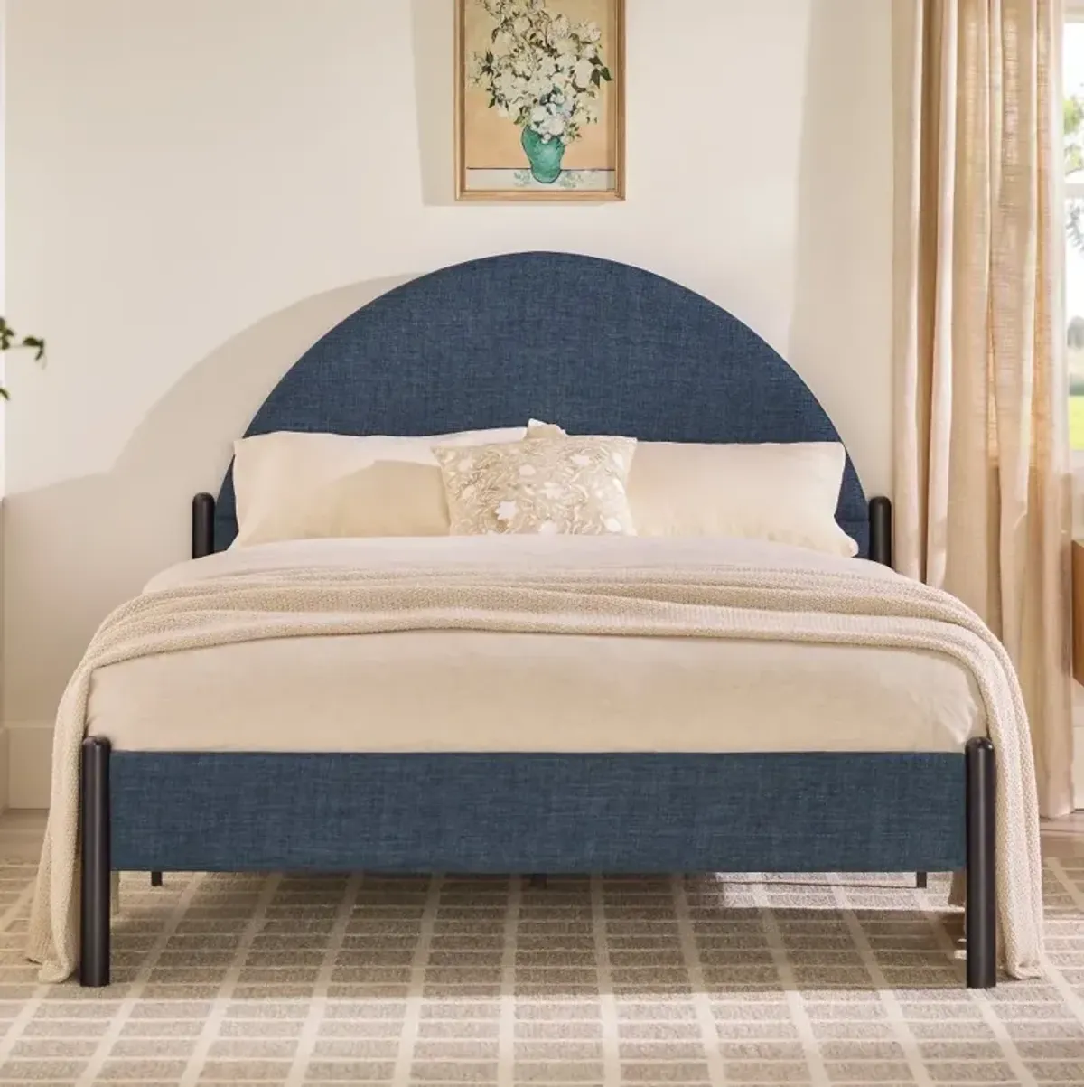 Gastonia Queen Blue Upholstered Bed with Arched Headboard