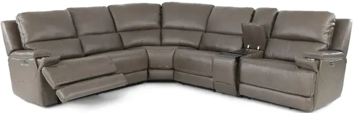 Rushton Lontra Brown Leather 6 Piece Power Reclining Sectional with Multimedia Console