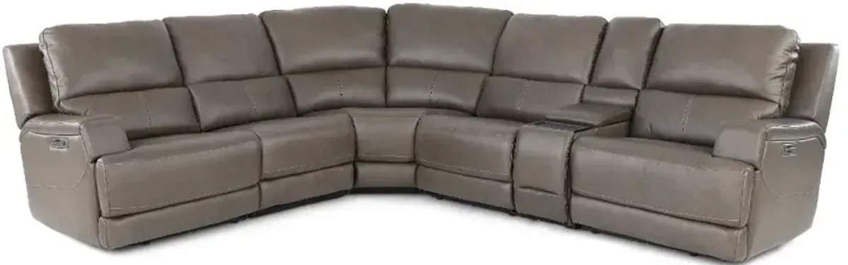 Rushton Lontra Brown Leather 6 Piece Power Reclining Sectional with Multimedia Console