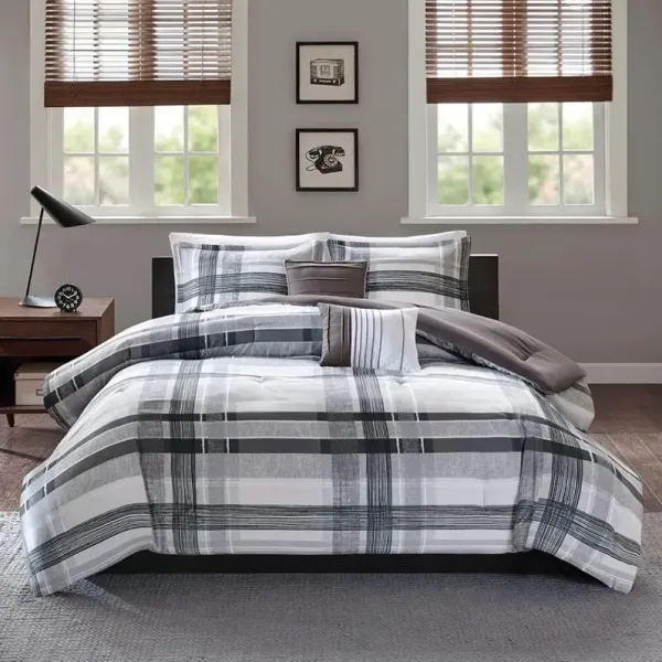 Rudy White and Black Plaid Twin 4-Piece Comforter Set