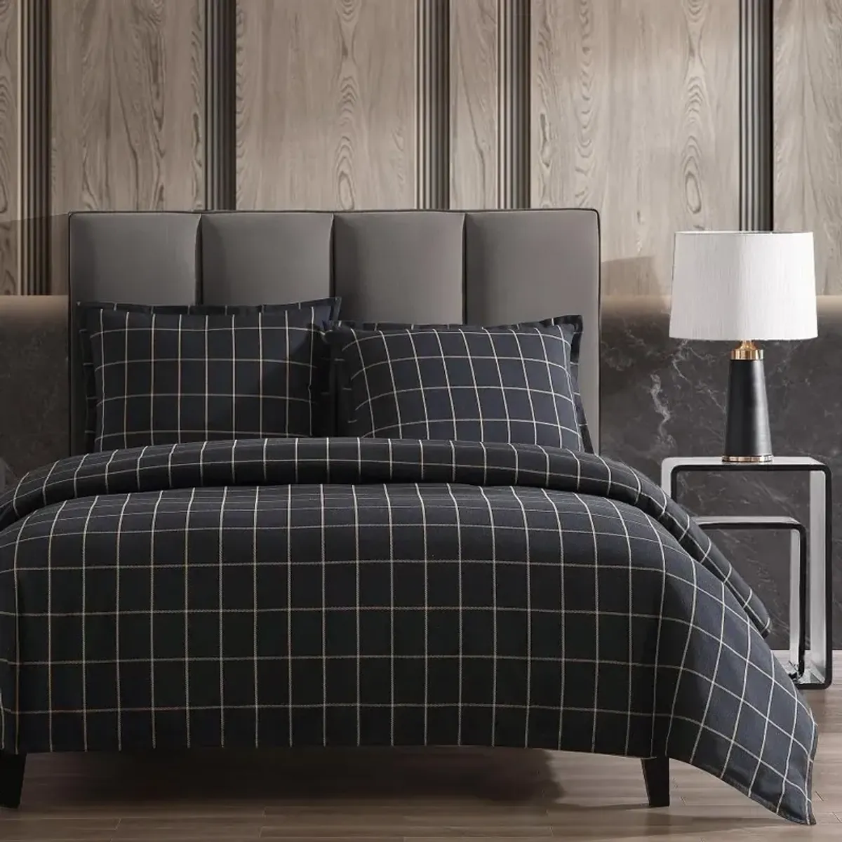Windowpane Plaid Black King 3-Piece Comforter Set