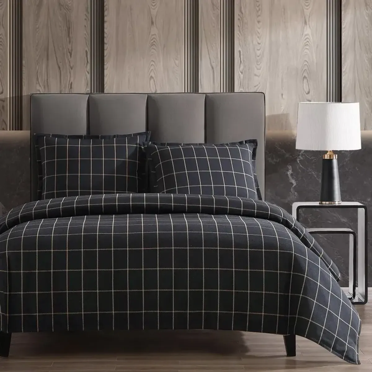 Windowpane Plaid Black Queen 3-Piece Comforter Set