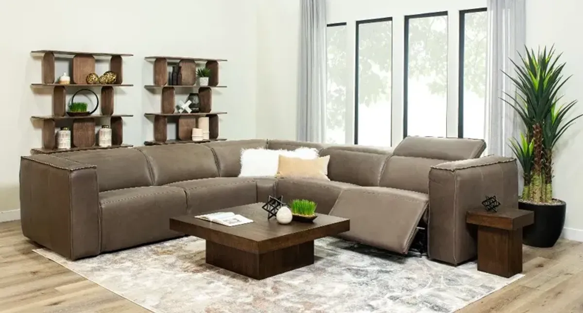 Okemo Seal Dark Brown Leather 5 Piece Power Reclining Sectional