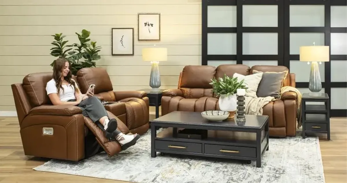 Greyson Caramel Power Reclining Sofa with Headrest and Lumbar