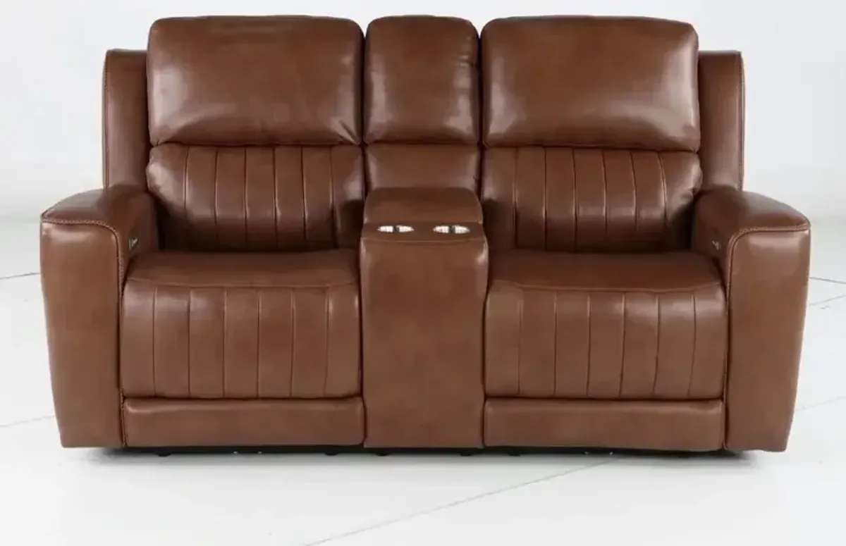 Pierce Caramel Brown Power Reclining Loveseat with Console