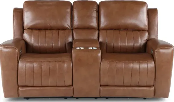 Pierce Caramel Brown Power Reclining Loveseat with Console