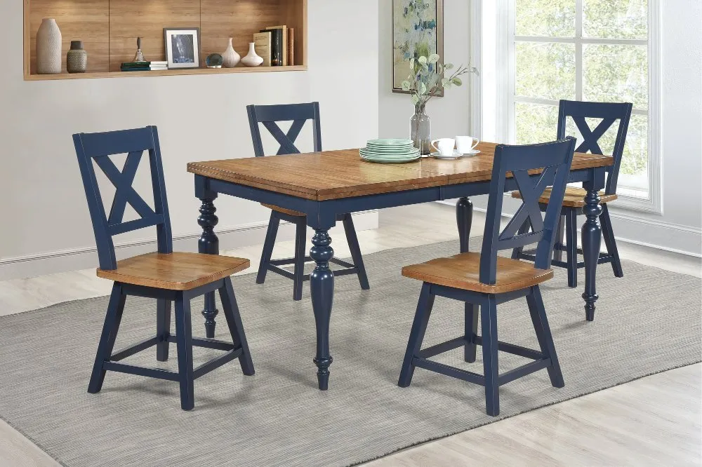 Carmen Oak and Blue 5 Piece Dining Set