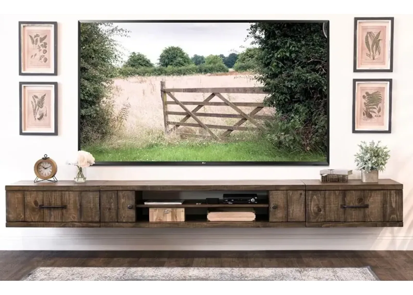 Farmhouse Rustic Wall Mounted TV Stand with Modular Side Consoles